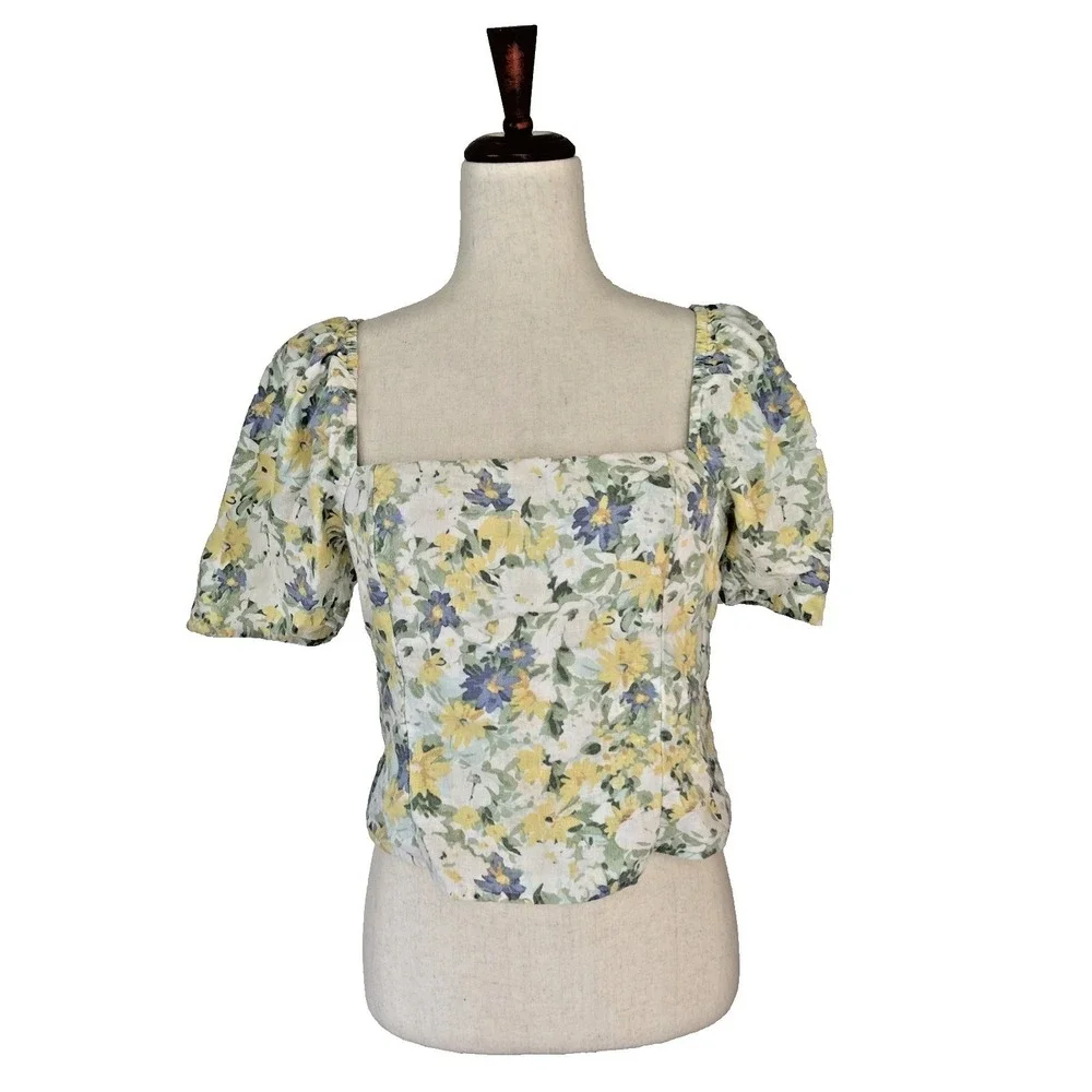 Abercrombie & Fitch Medium Women's Linen-Blend Puff Sleeve Top Yellow Indie Boho